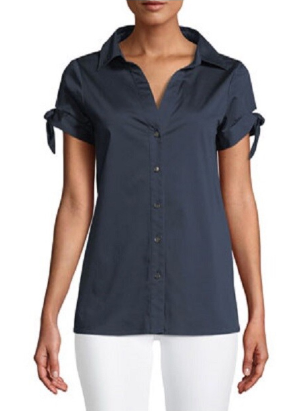 Badgley Mischka Navy Short Sleeve Button-Front Shirt with Tie Cuffs